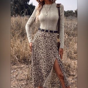 Midi Animal Print Split Skirt